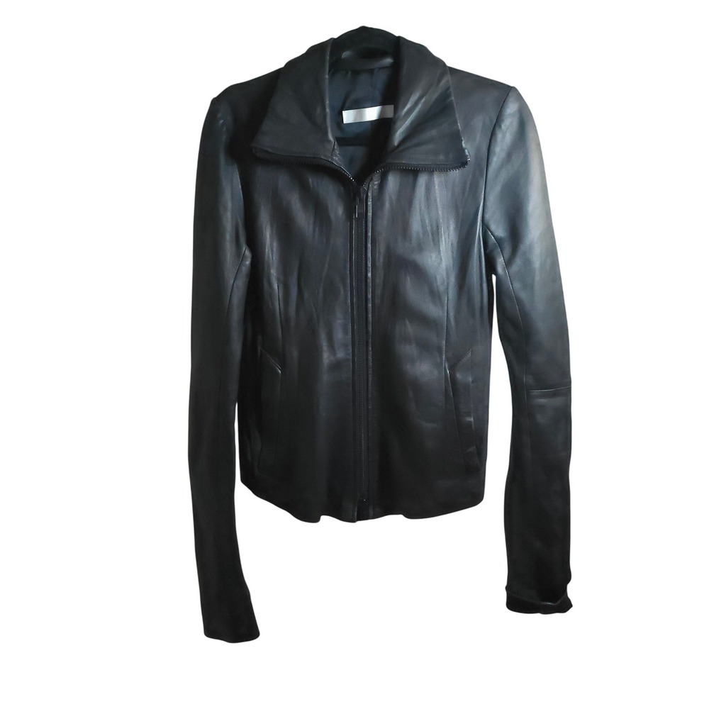 ENAM Black Leather Zip Front Mock Neck Jacket Womens M Moto Style Streetwear‎